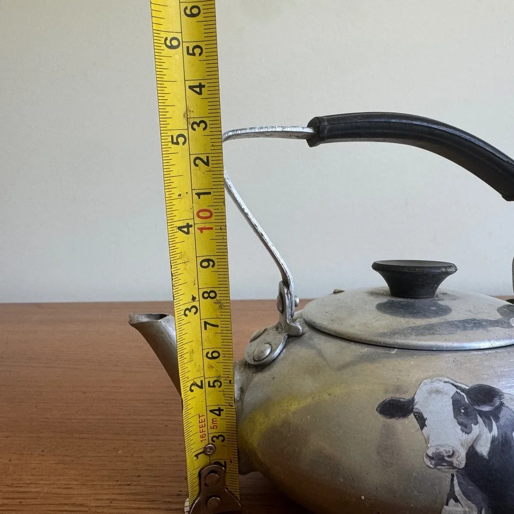 Vintage Aluminum Tea Kettle Cow Graphic Farmhouse‎ Decor Rustic Teapot Small